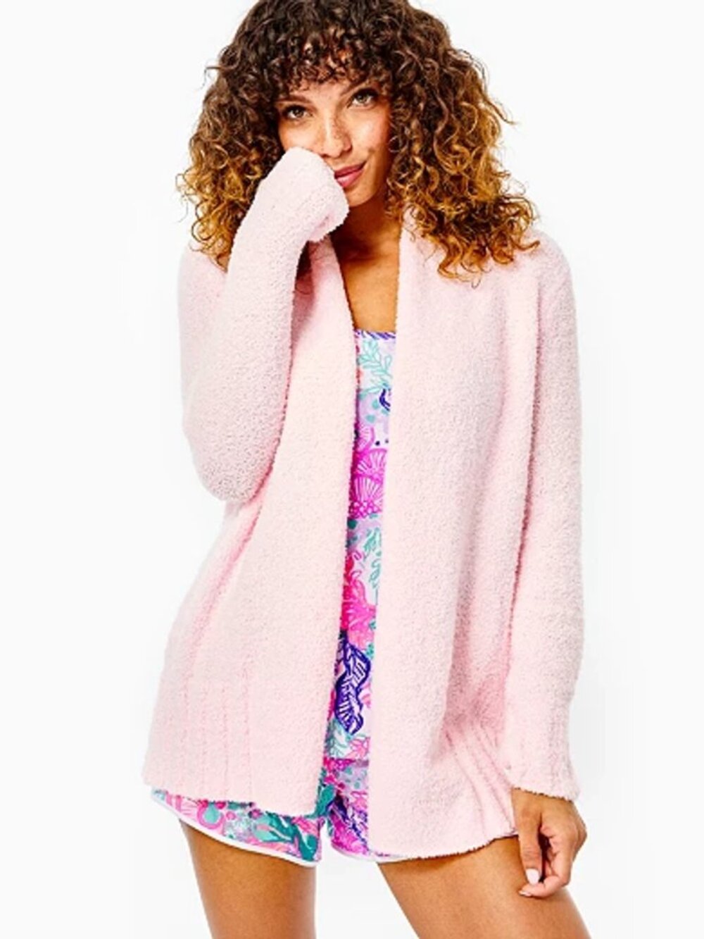 Lilly Pulitzer Calla Lilly pale pink Open front Cozy knit Basia Cardigan, sz L